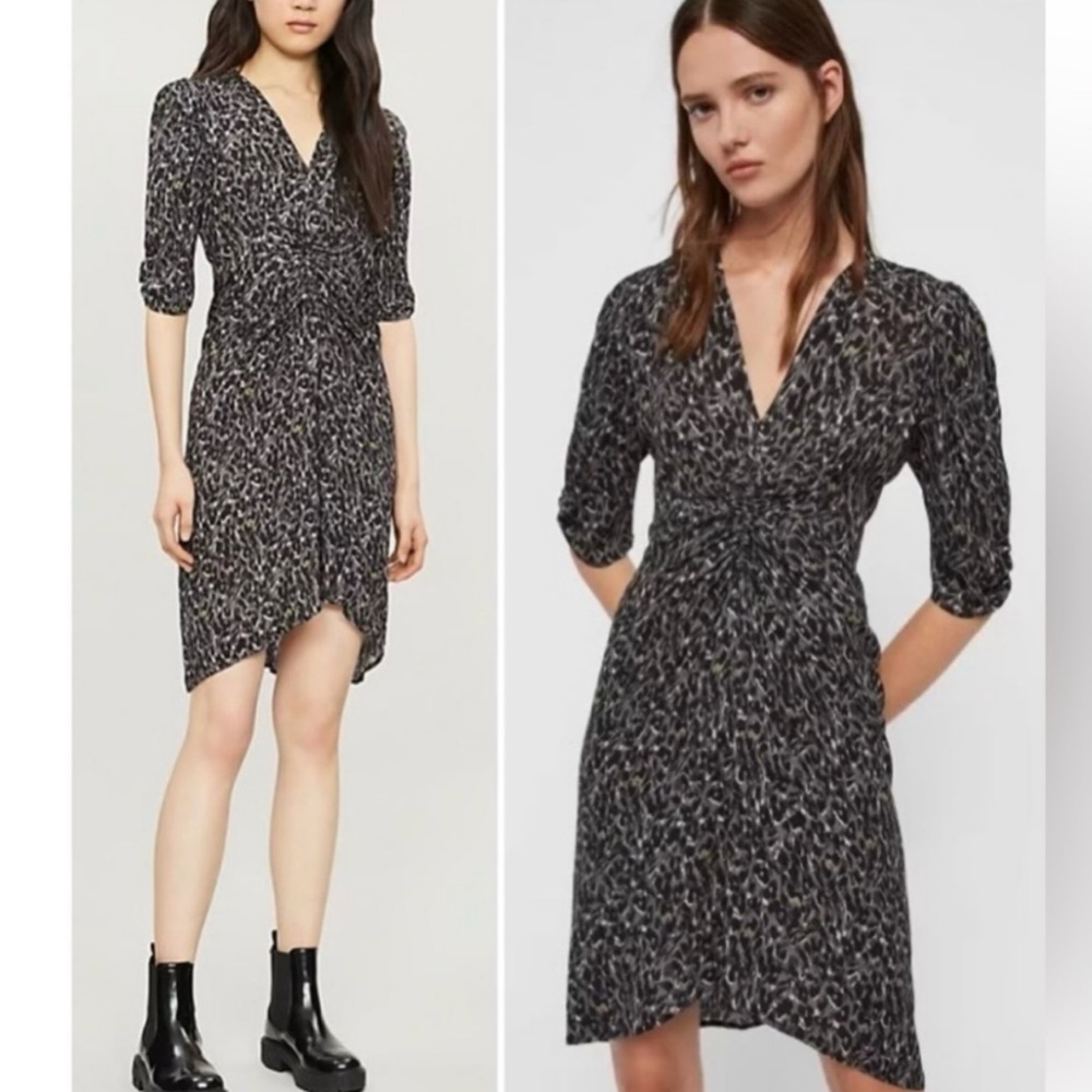ALLSAINTS Josephine Waterleo Short Sleeve Ruched Leopard Print Mini Dress NEW